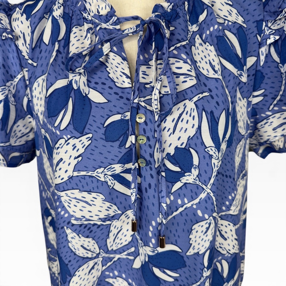 J. Marie Floral Maxi Dress Small Blue White Tiered Tie Neck Romantic Ruffles - Picture 5 of 12